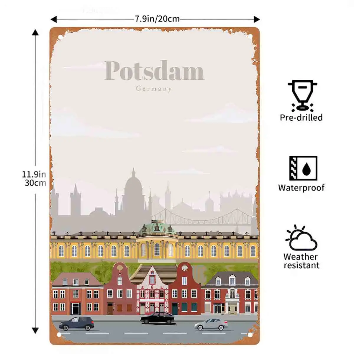 2D FLAT 1pc Potsdam Germany Cityscape Metal Wall Sign Decoration for Home Cafe Garage Bedroom Porch And Garden