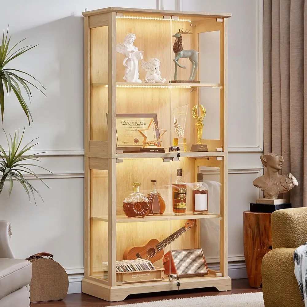 Farmhouse Glass Display Cabinet with Doors, Wooden Curio Cabinet for Collectibles with 3Color LED MotionSensor Light amp Reinfo view 2