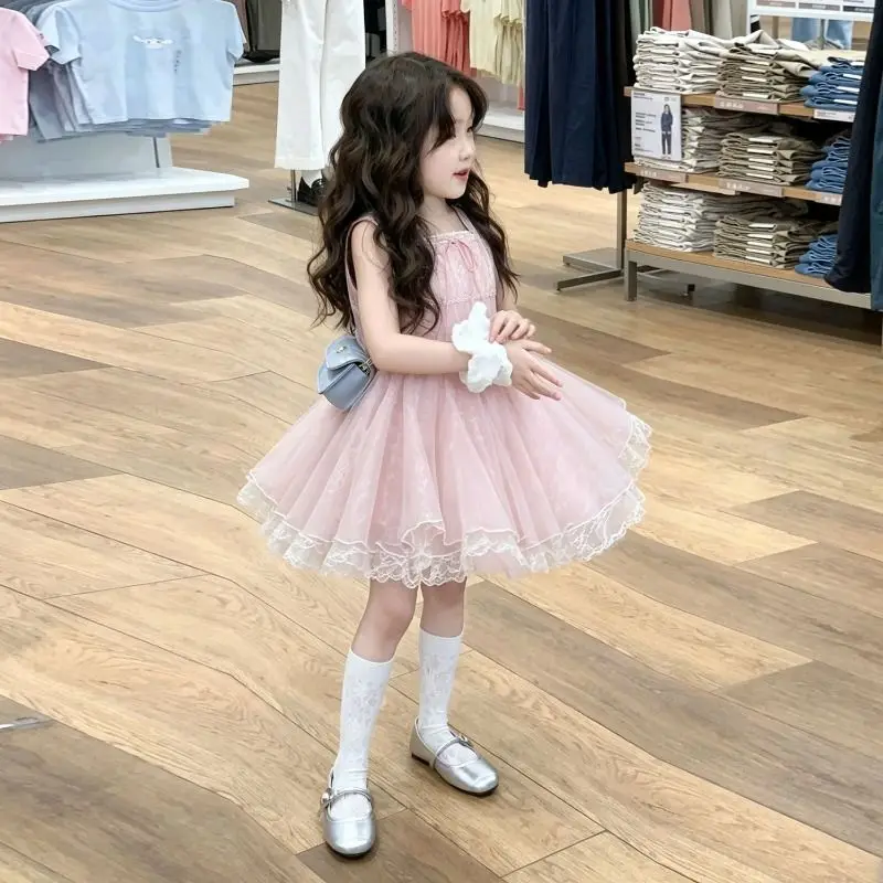 Baby Girl Summer Sweet Sling Lolita Princess Gauze Pink Ball Gown Layed Lace Dress Birthday Wedding Party Eid Childen Clothes