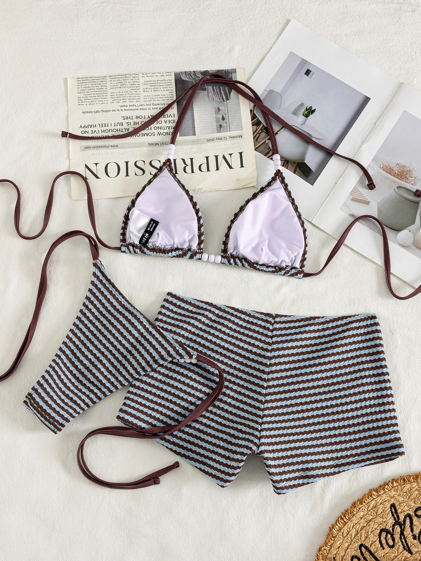 Retro Beading Sexy Coffee Striped Bikini Set 2026 Women Pearls Strap Push Up Bra Bandage Thong Swimsuit Shorts 3 Piece Swimsuit