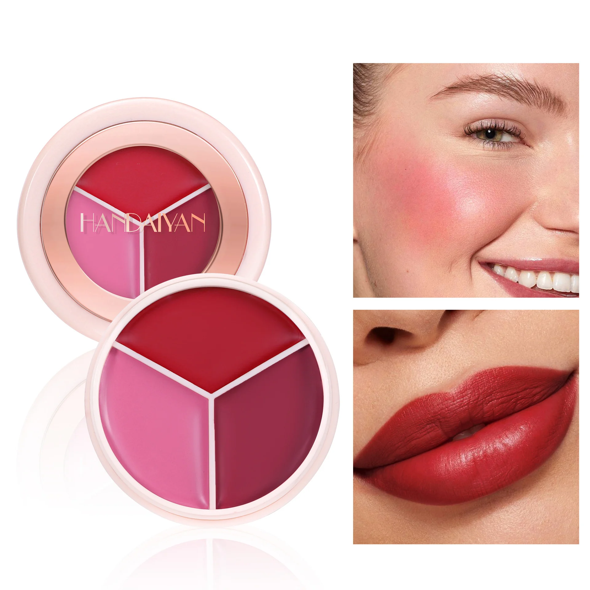 Flüssiges Gesichtsrouge, 3-farbig, vielseitig einsetzbar, mattes Rouge, Creme, Highlight-Lippenrouge, 3-in-1, wasserfest, natürlich, seidig, hochpigmentiertes Make-up