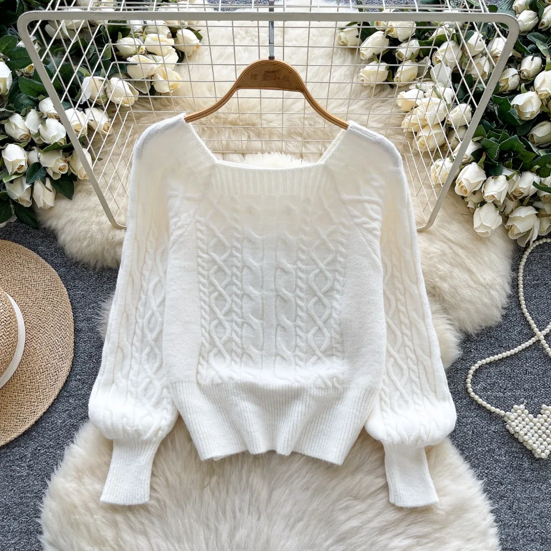 Foamlina Lazy Relaxed Style Knit Square Neck Sweater Women Winter Twist Loose Flattering Design Sense Elegant Casual Sweater Top