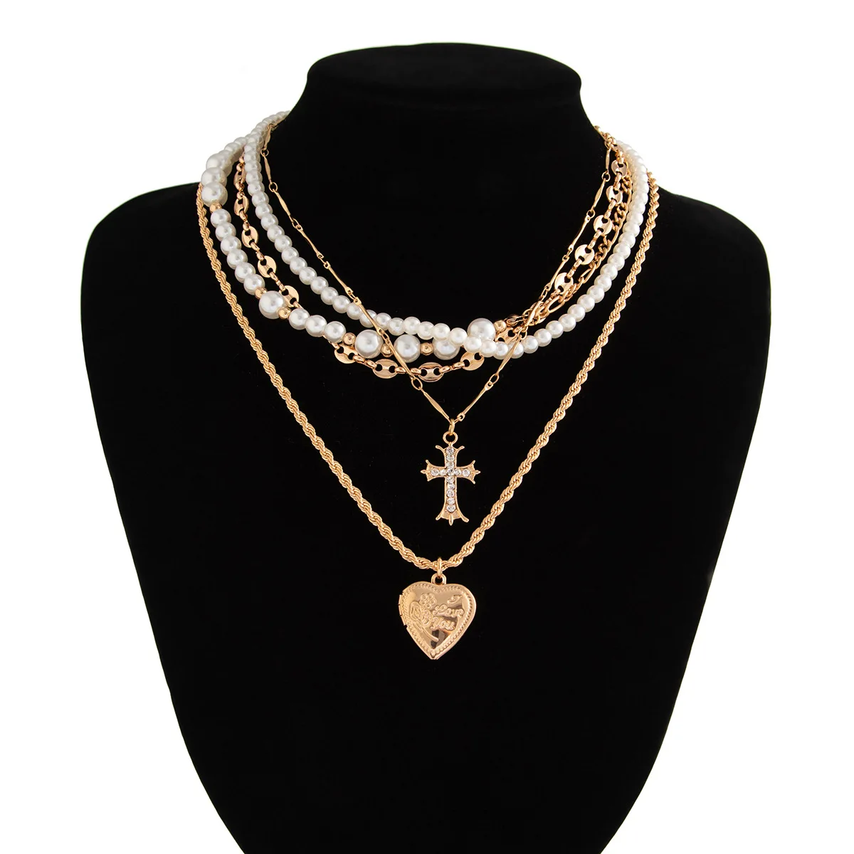 Faux Pearl Layered Choker with Cross Pendant Autumn Winter Heavy Design Necklace for Women Silver Tone High Quality