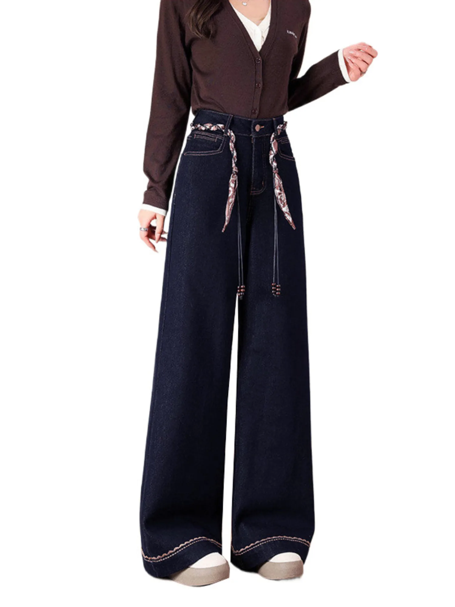 

Women High Waist Wide Leg Jeans Deep Blue Denim Pants Contrast Stitching Scallop Hem Embroidered Vintage Loose Trousers
