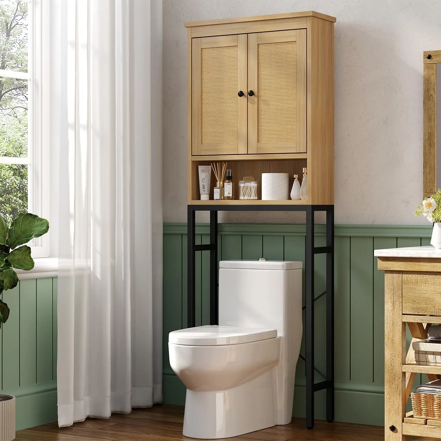 

Rattan Over The Toilet Storage Cabinet, Metal Stand Above Toilet Bathroom Organizer, Behind Toilet Cabinet with Adjustable Shelf