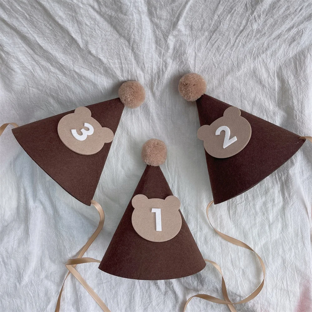 

Kids Brown Coffee Bear Birthday Hat 1st 2nd 3rd Year Old 100 Days Baby Anniversary Cap Photo Props Birthday Party Headband Decor