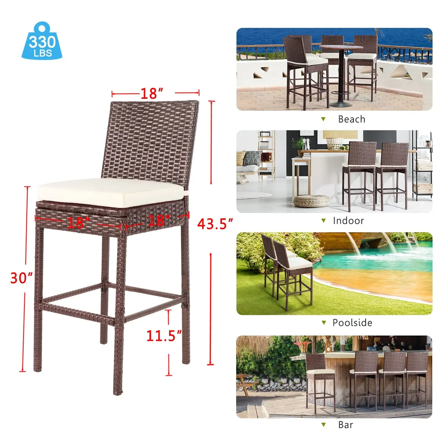 Wicker Patio Bar Stools Set Of 4 Counter Height With Footrest Cushion All Weather Rattan Outdoor For Pool Lawn Porch, Customized