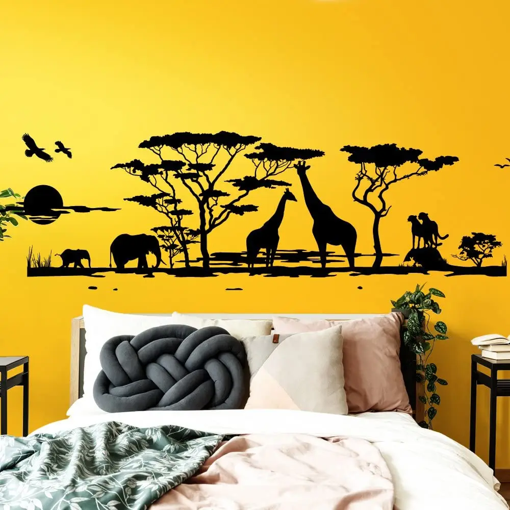 

Large Africa Savannah Animals Tree Wall Sticker Living Room Bedroom Giraffe Bird Elephant Safari Jungle Kids Room Mural