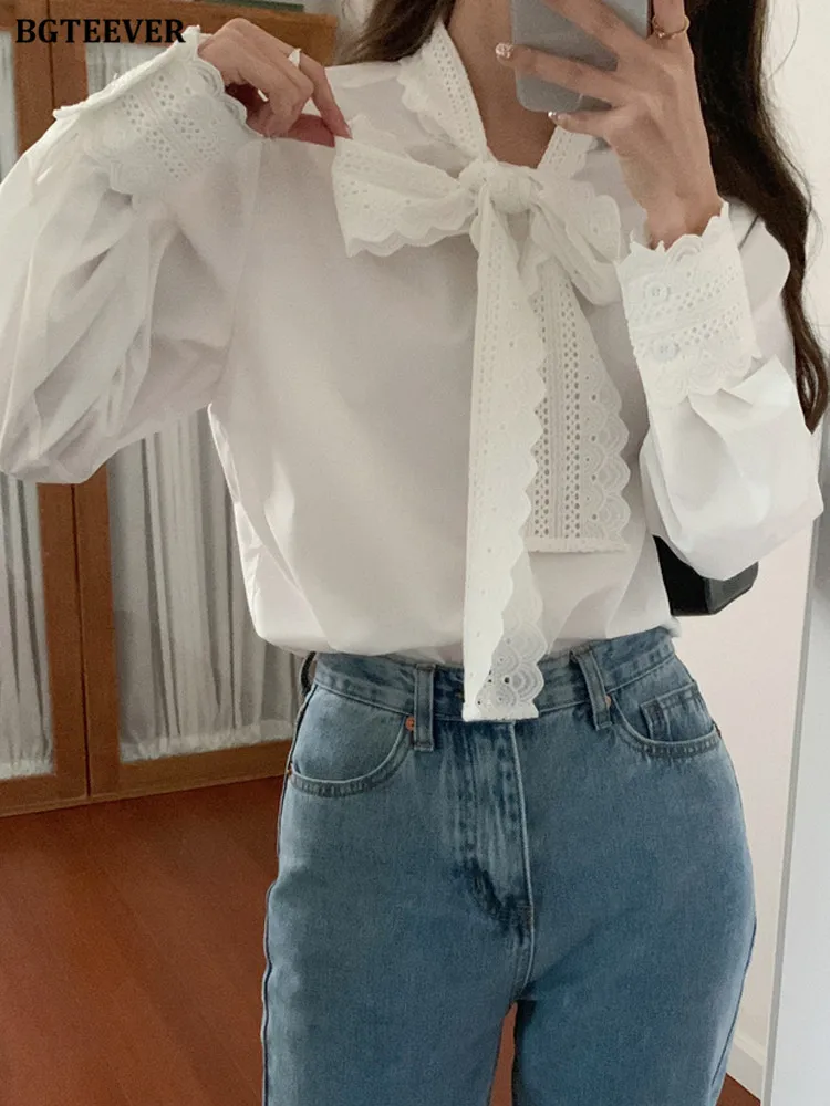 

BGTEEVER Stylish Women Bow Neck Lace-up Shirts Tops 2023 Spring Fashion Loose Single-breasted Long Sleeve Women Solid Blouses