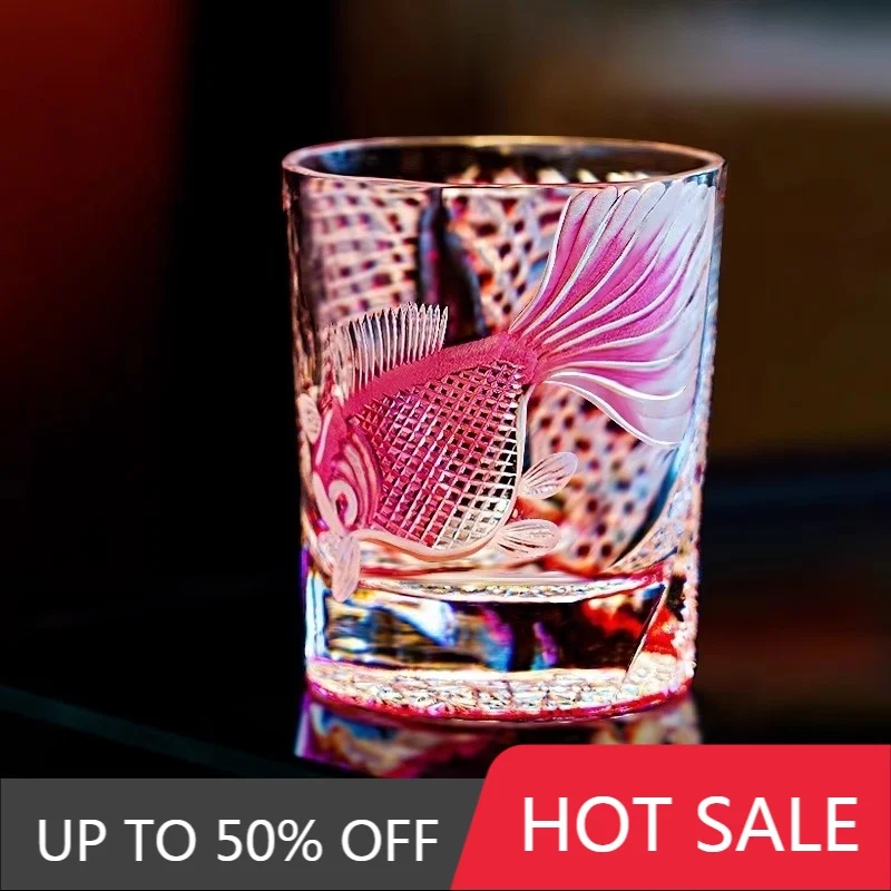 

PINK Crystal Goldfish Edo Kiriko Wine Glass Exquisite Carving Wineglass Whiskey Cup Brandy Snifter Liquor Whisky Rock Dropship