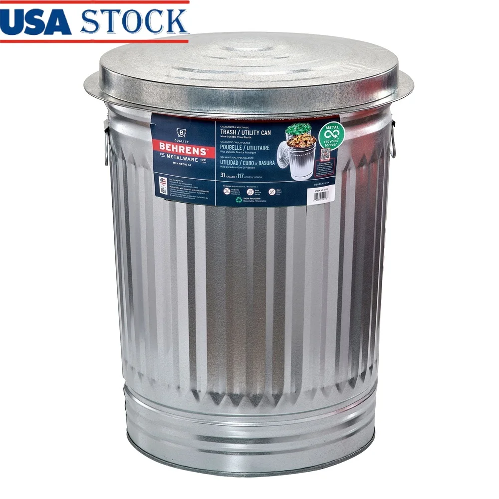 

Galvanized Steel Trash Can 31 Gallon Durable Outdoor Garbage Can with Lid Handles Rodent Resistant Yard Waste Pet Food Storage