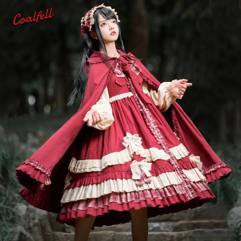 Coalfell Original Design Little Red Riding Hood OP Daily Autumn and Winter Lolita Full Set Dress Little Red Riding Hood Lolita