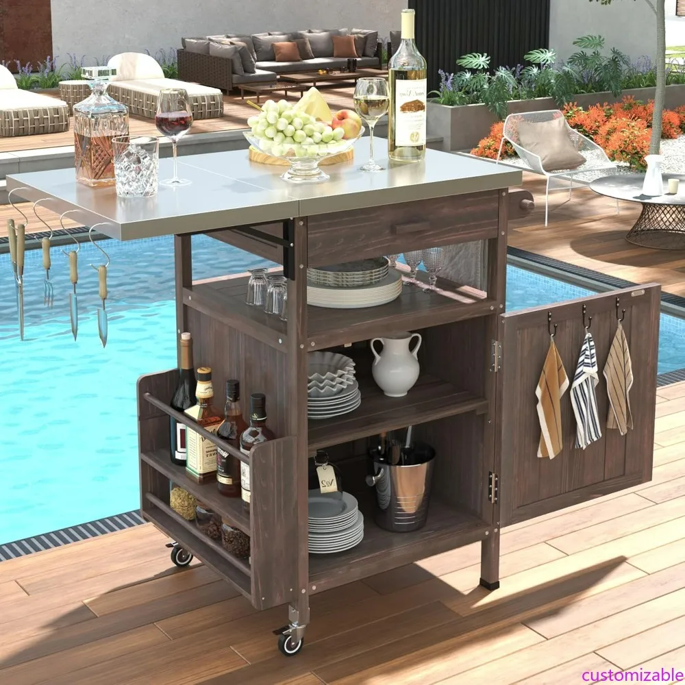 

Кухонный остров из массива дерева на открытом воздухе с откидным листом, столом-грилем из нержавеющей стали, ящиком и вешалкой для полотенец