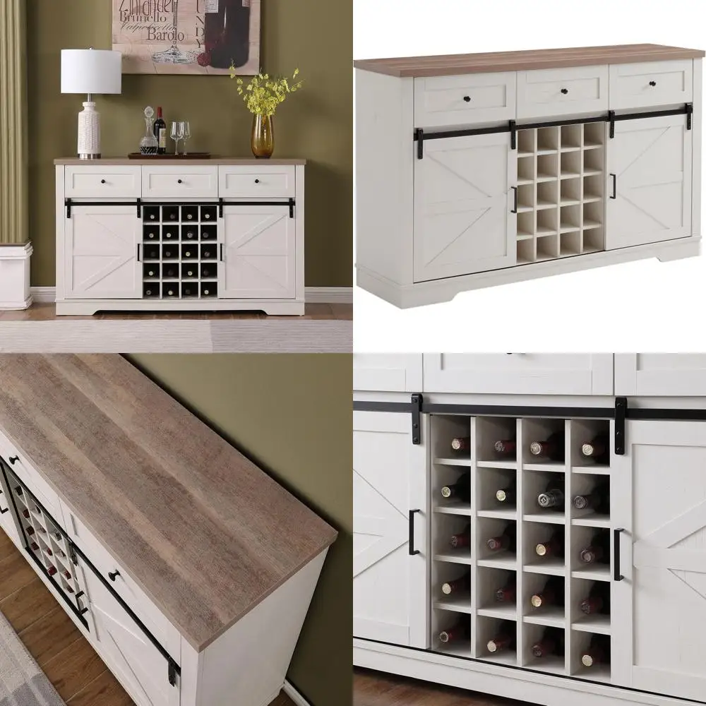 

Antique White Farmhouse Wine Bar Cabinet with Sliding Barn Door, 58" Rustic Kitchen Coffee Bar Cabinet, Includes Wine & Glass Ra