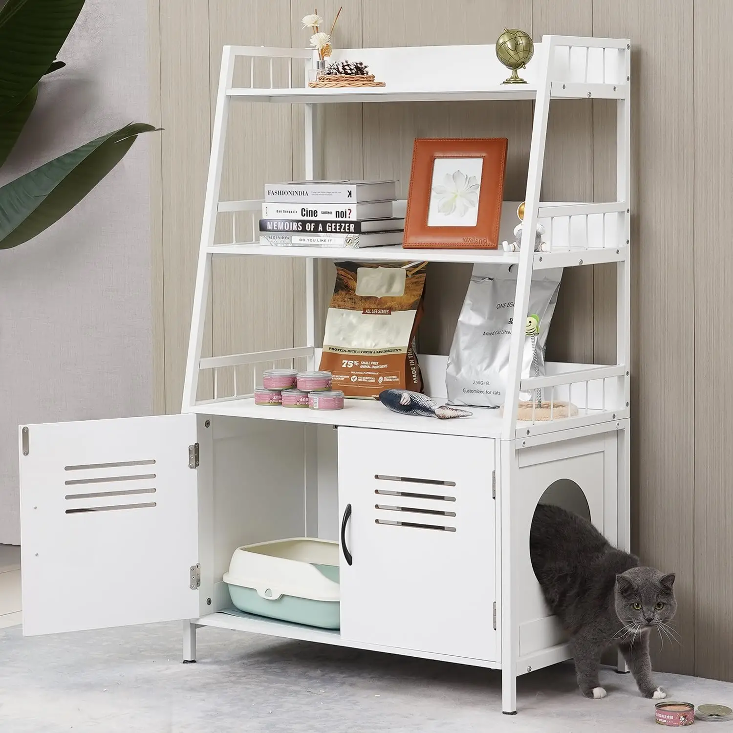 

with Shelf Storage and 2 Doors, Wooden Cat Cabinet Sturdy Cat Washroom with Scratch Pad White 33.5'' L x 17.9'' D x 52'' H