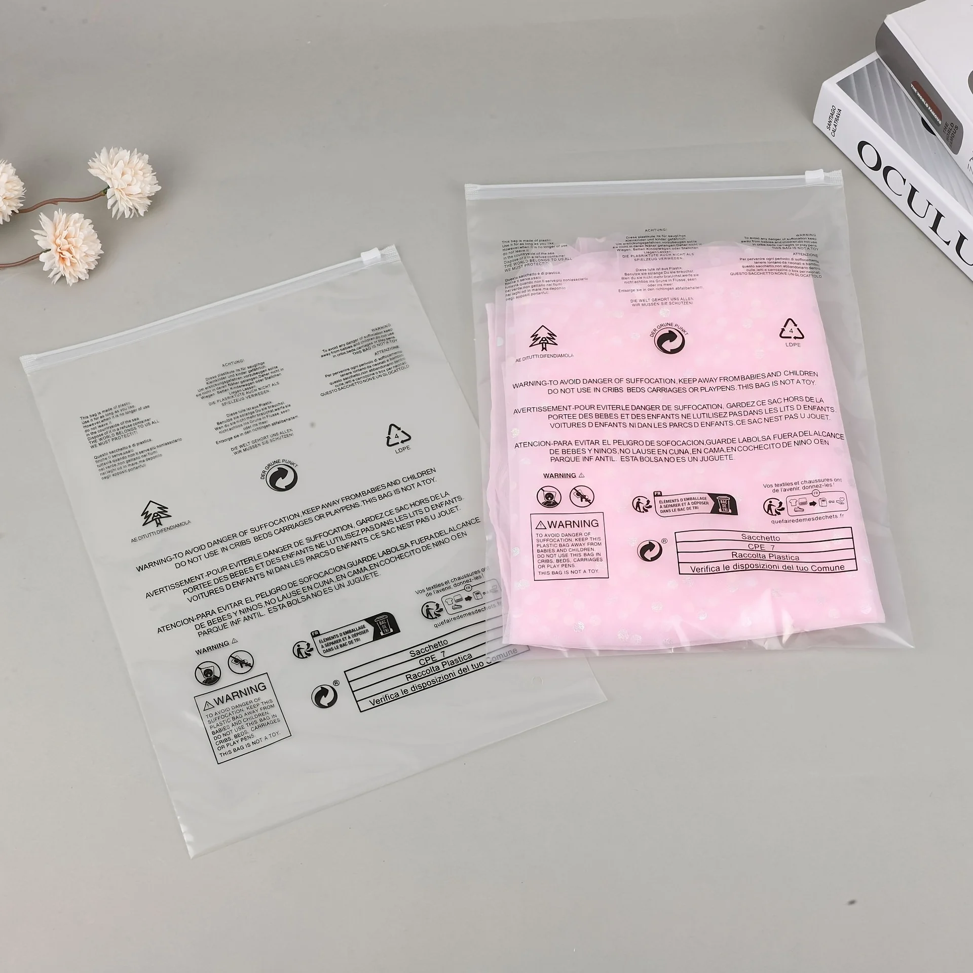 5/10/15/20Pcs Transparent Frosted Ziplock Bags with Warning Messages, Random Styles, 26*35 Random Layout Order, Warning Messages for Clothing Packaging Bags, Self-Sealing Transparent Plastic Bags, with Suffocation Warning for Packaging, Clothing, and Shipping