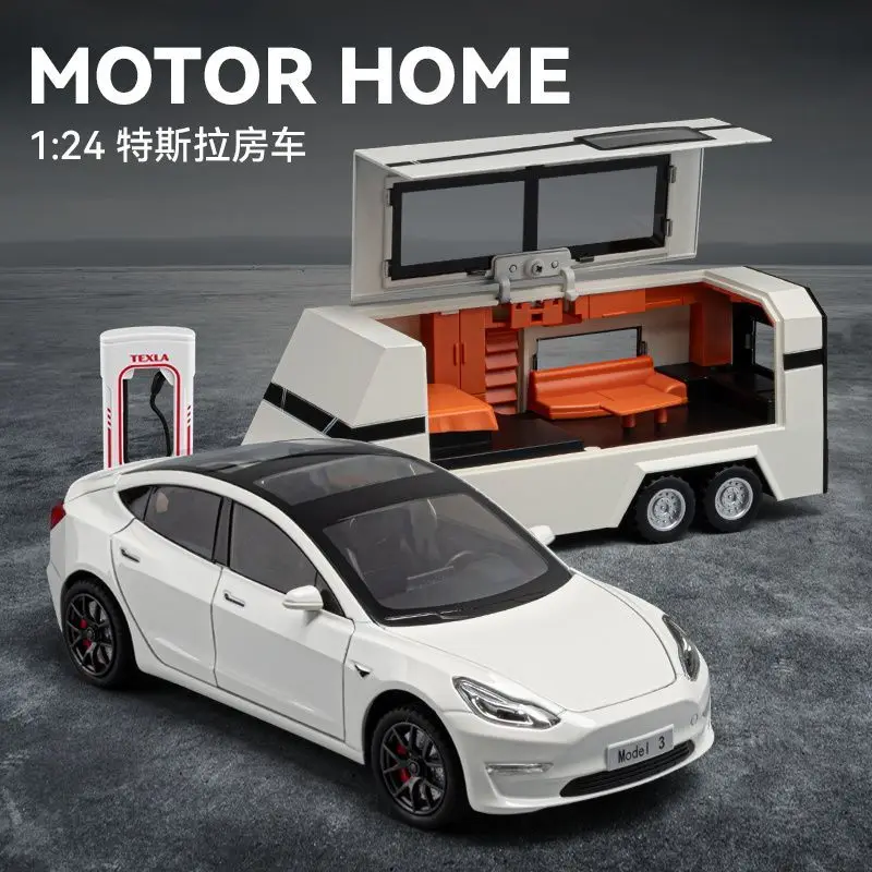 1:24 Alloy Sedan With Detachable RV Trailer Multiple Open Doors Shock Absorber Pull Back Light Sound Diecast Display Gift