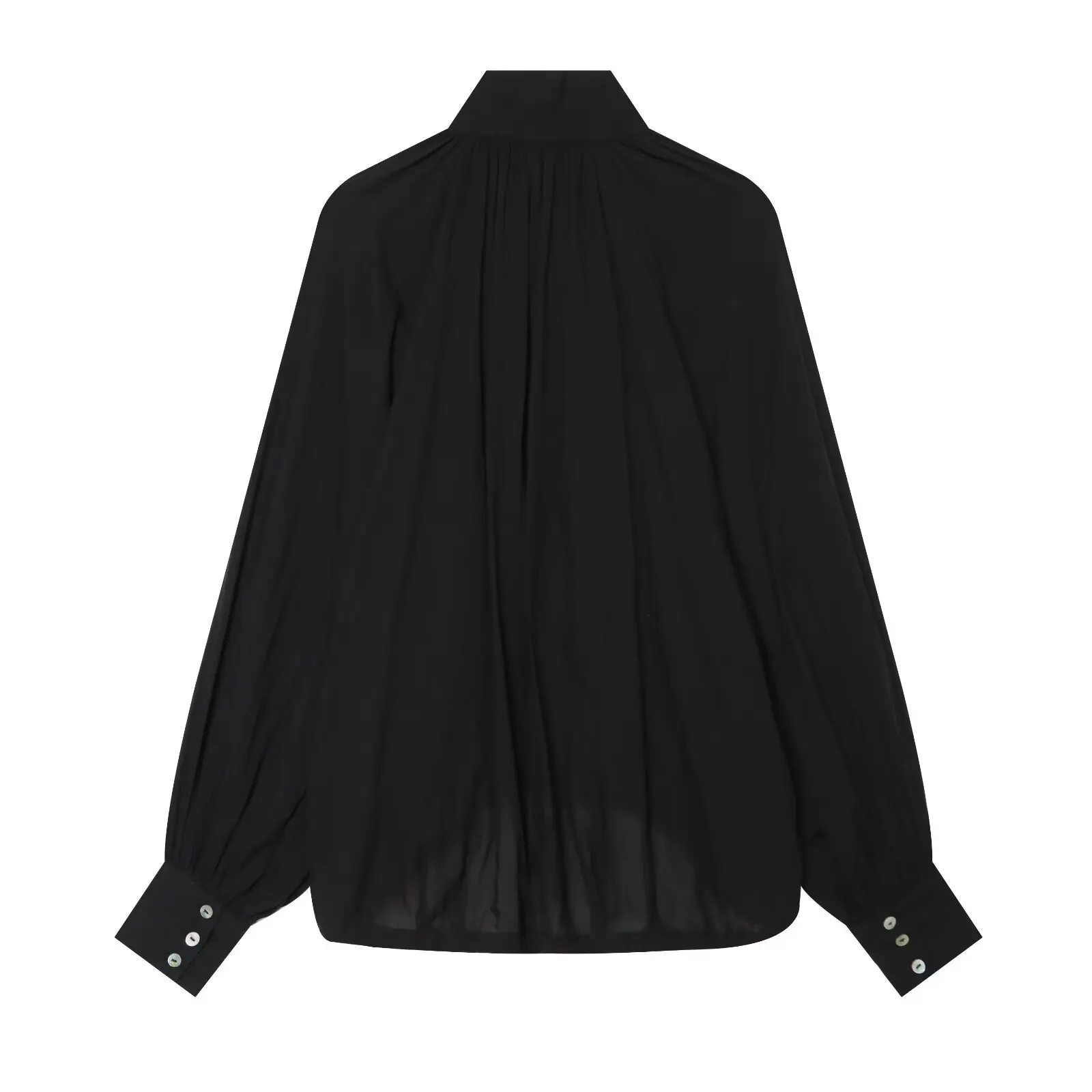 BSAY 2026 Sommer Damen Elegante Einfarbige Hochgeschlossene Langarm-Bluse mit Gerafftem Saum und Kordelzug Locker Sitzende Lässige Schwarze Bluse – Detail 3