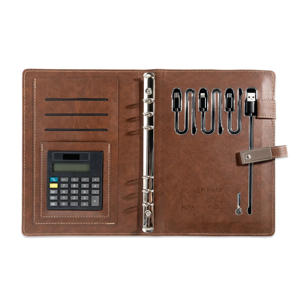 Deluxe Gift Box Brown Leather A5 Notebook with Built-in Power Bank, Calculator & 3-in-1 Charging Cable Ideal for Business