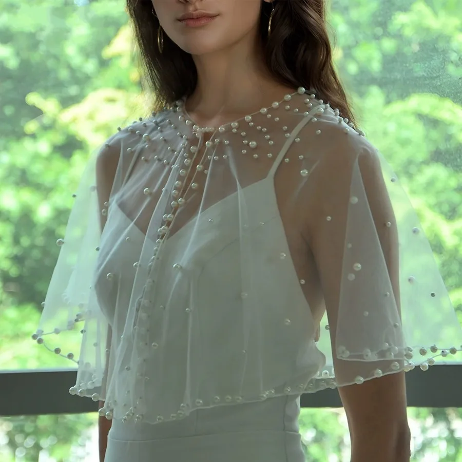 

Wholesale White Ivory Bridal capa novia Beaded Pearls Wedding accessories Bolero de novia Bride bolero woman elegant