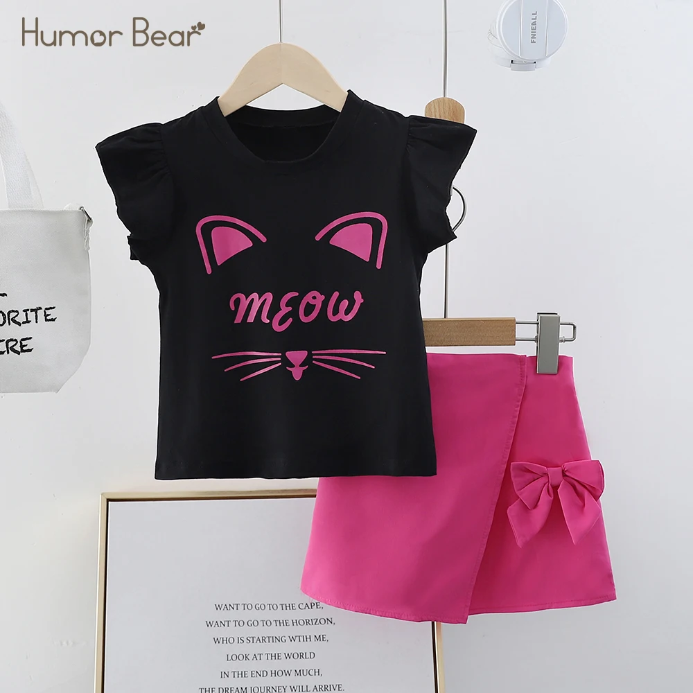 

Humor Bear Summer Girl Set Cat Print Flying Sleeve Tops+Bow Skirt 2Pcs Kids Clothes Girl Suit Outfits