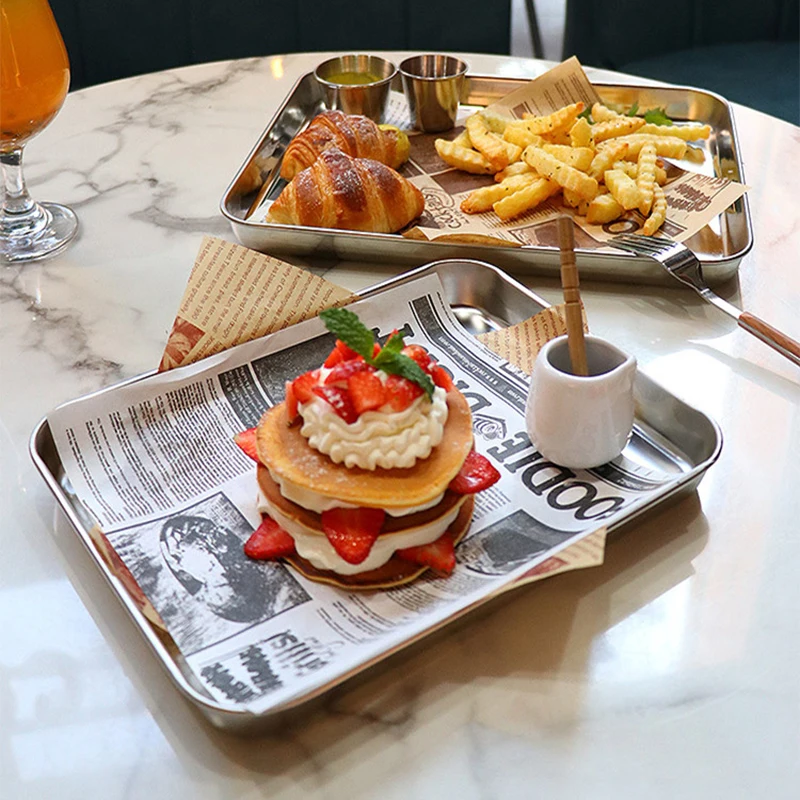 Stainless Steel Rectangular Coffee Shop Pallet Storage Disk Net Snack Cake Dish Dining Dessert Plate Kitchen Dish Tray