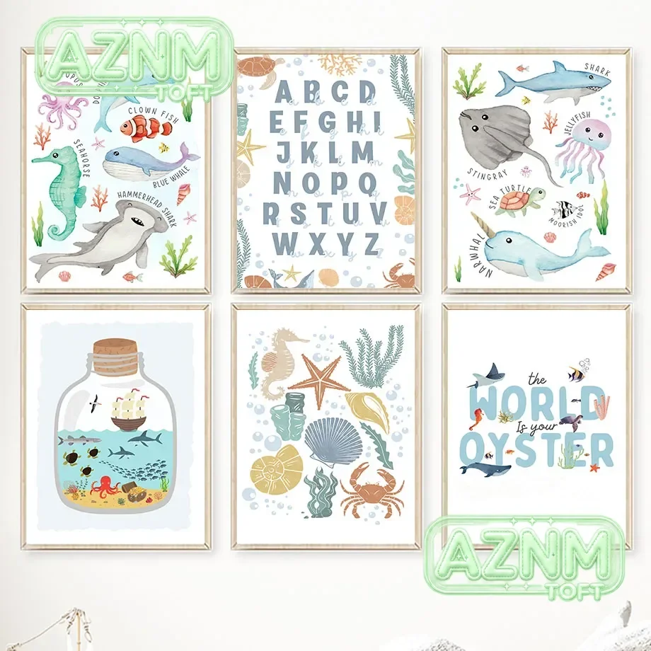 Wall Art Canvas Painting Boho Marine Animal Drift Bottle Alphabet Nursery Nordic Posters And Prints Picture Baby Kids Room De