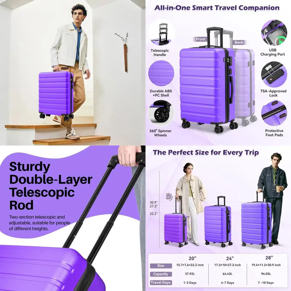 

Lightweight ABS Hardside Luggage with USB, TSA Lock, Wheels - 28 Inch Violet Purple