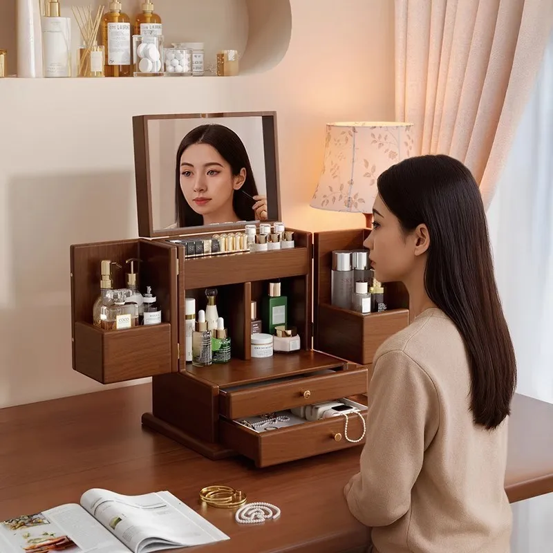 Solid wood cosmetics collection box desktop high-end sense large-capacity skin care products jewelry box integrated
