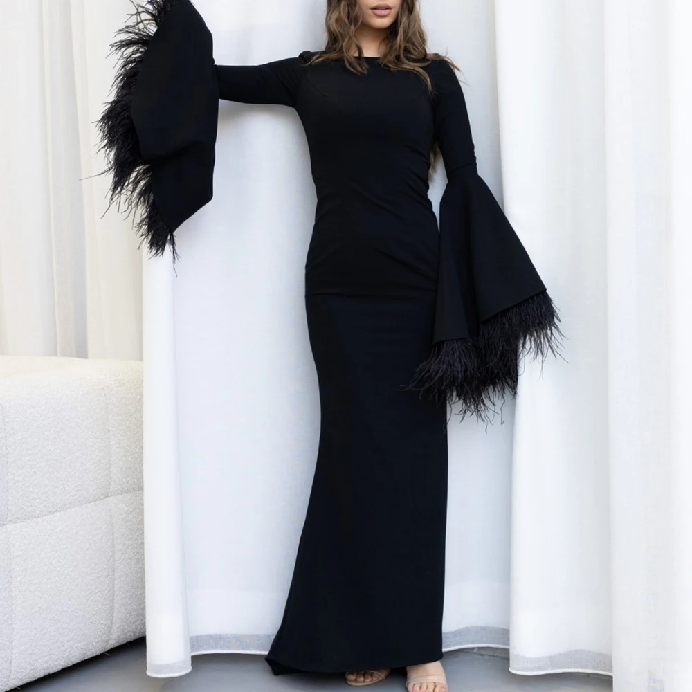 Customized Temperament Jersey Straight Feathers Evening Dress High Quality Floor Length Long Sleeves vestidos de fiesta