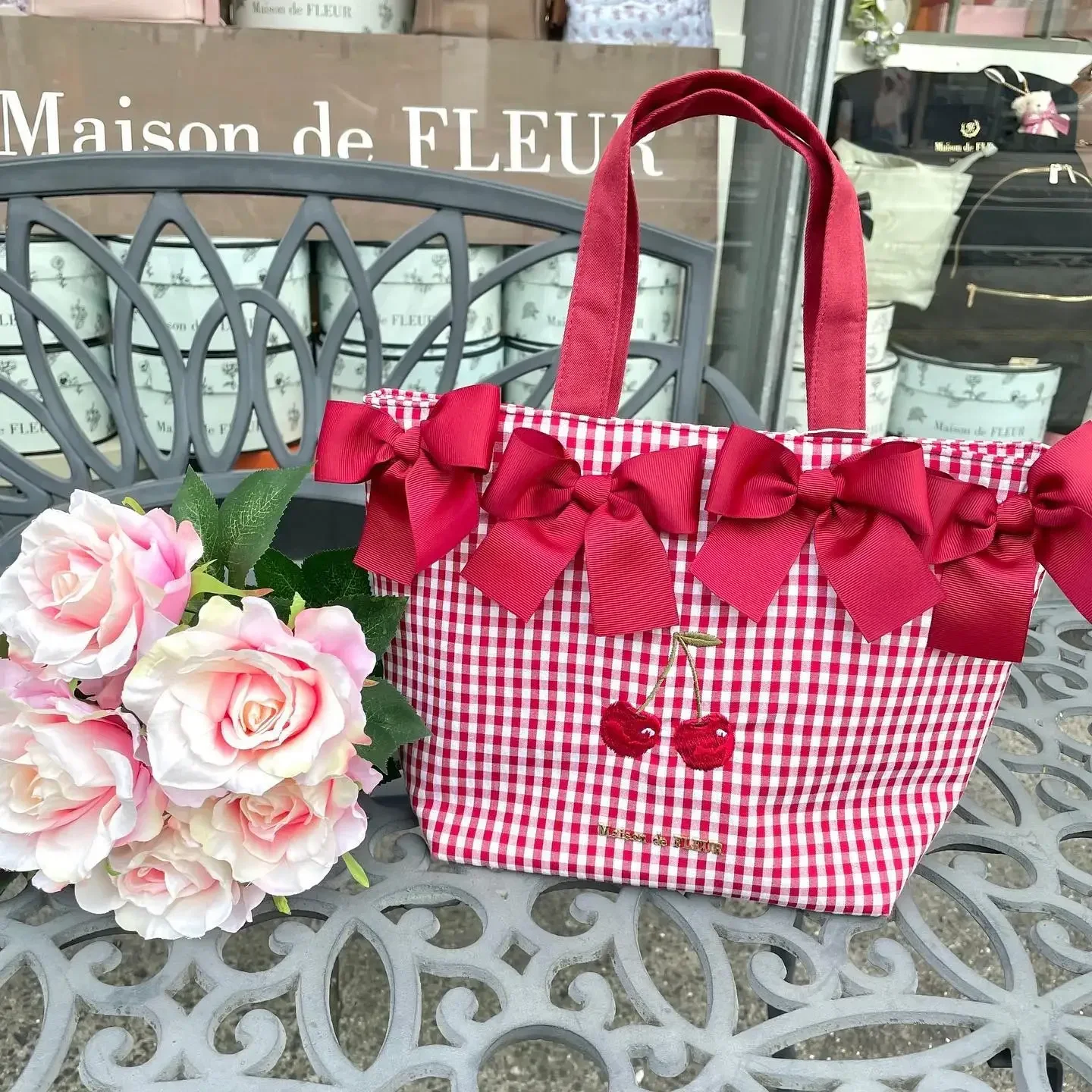 Japanese Style Small Cherry Embroidery Portable Plaid Luch Bag Students Handheld Bowknot Makeup Bag Casual Shoulder Bags