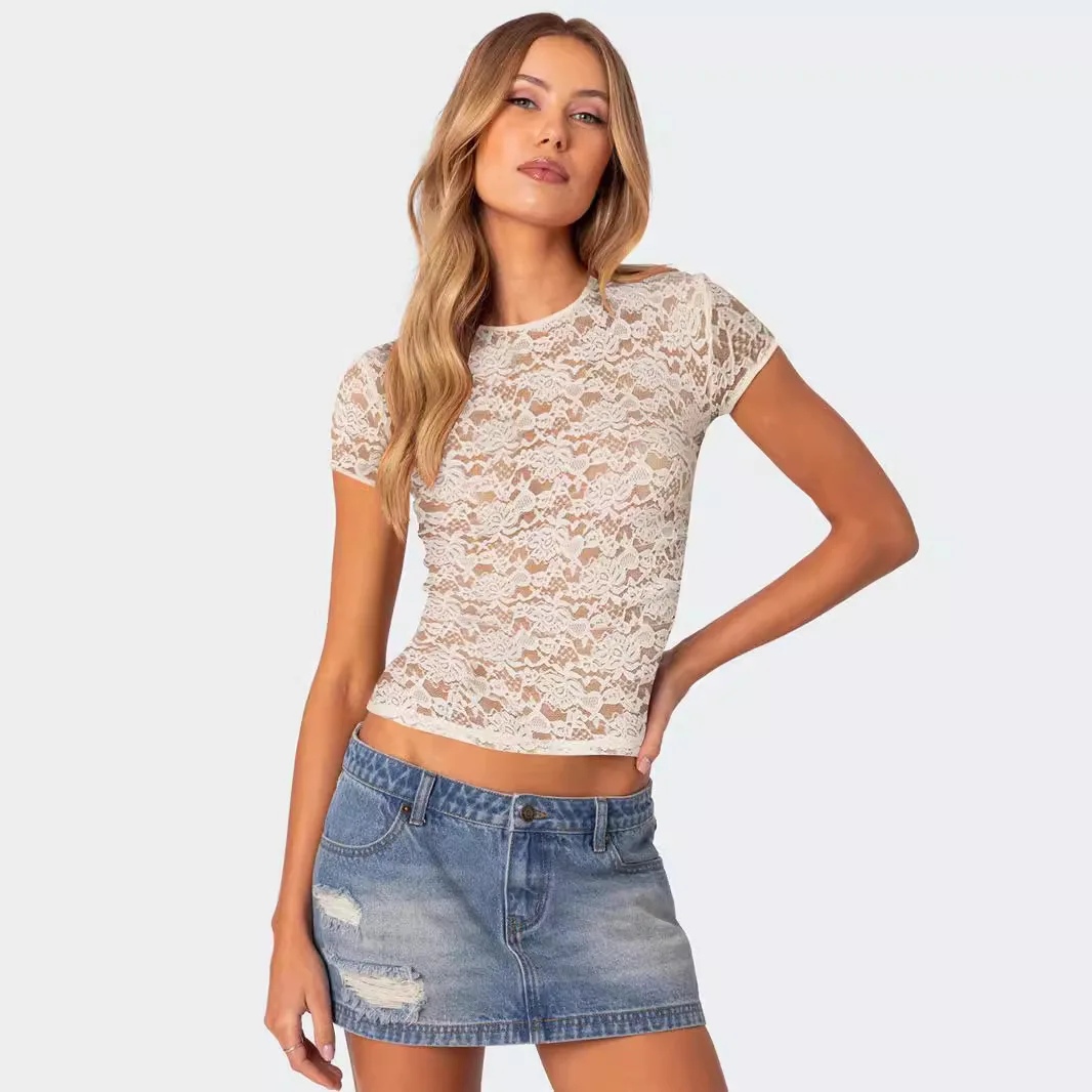 

Новинка 2025 года, кружевная женская одежда с круглым вырезом и короткими рукавами, сексуальный тонкий топ с полым ветром, женский топ для пожилых людей