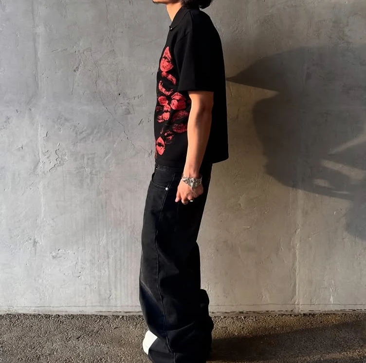 الصيف المتخصصة الشارع الهيب هوب الفن الرجعية الحنون قبلة شفاه حمراء مطبوعة القطن قميص بولو غير رسمي الرجال فضفاض الملابس اليومية زوجين