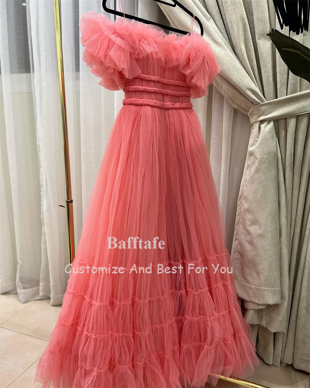 Bafftafe Pink Tulle A Line Ruffles Prom Party Gowns Pleated Long Formal Celebrity Dresses Women Special Customized Evening Gowns