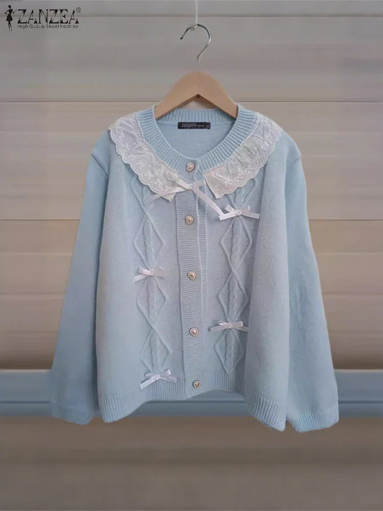 ZANZEA 2025 FW سترات نسائية مرقعة بالدانتيل ورقبة دائرية وأكمام طويلة وأزرار حتى القوس وتفاصيل سترة صوفية على الموضة الكورية #4