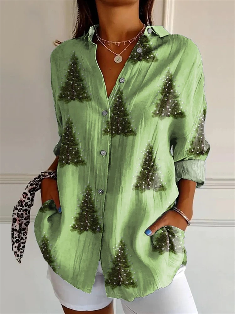 2025 クリスマス レディース クリスマスツリー 3D プリント シャツ ファッションカラー ルーズフィット 通気性 ストリートウェア シャツ リラックスフィット