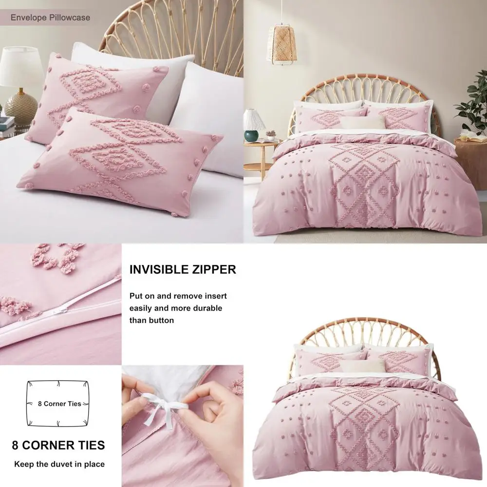 

King Size Tufted Duvet Cover Set, Lightweight Boho Embroidery Bedding, 3-Piece Shabby Chic (Pink, 104x90)