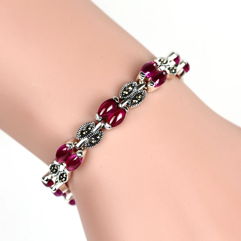 

ZHJIASHUN Retro 100% 925 Sterling Silver Natural Garnet Ruby Bracelets Vintage Gemstone Jewelry For Women