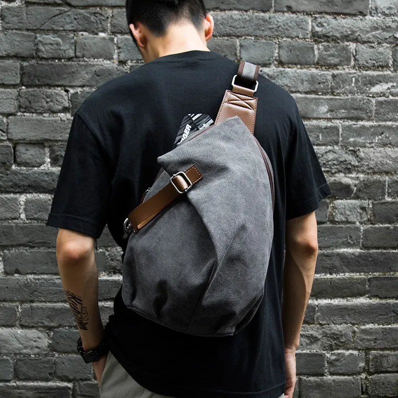 MTE ELAN Large Capacity Retro Canvas Sling Bag Man Leather Chest Bag Casual Travel Leisure Male Olive Green Shoulder Backpack view 2