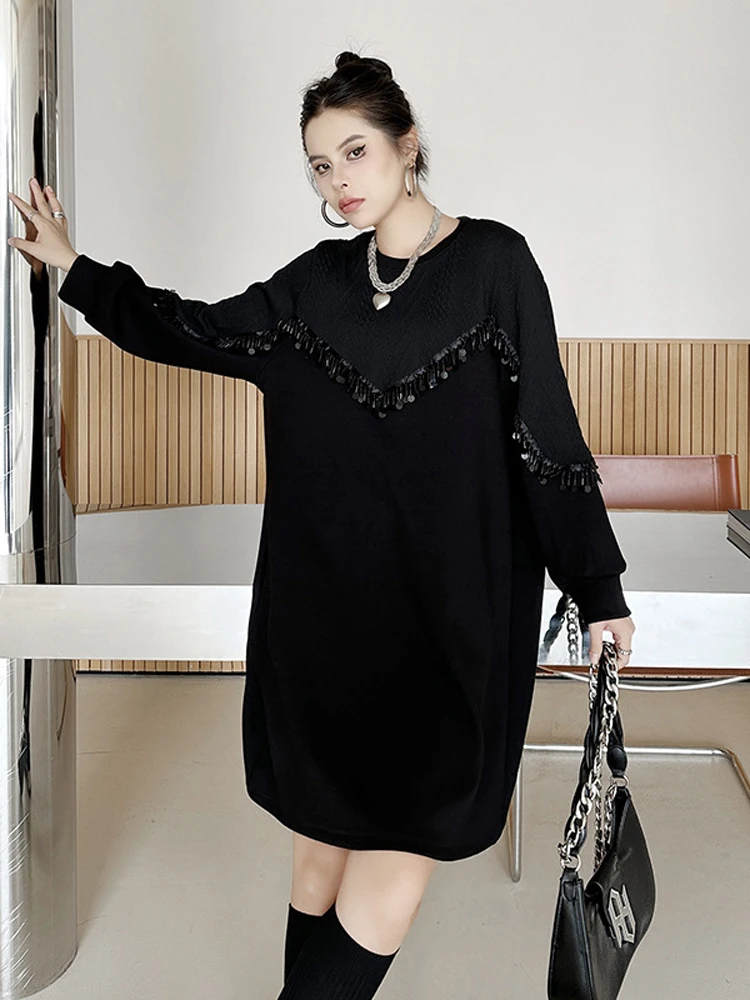 NYFS 2024 شتاء جديد فساتين امرأة Vestidos رداء Elbise فضفاض حجم كبير مطرز الترتر المرقعة فستان طويل