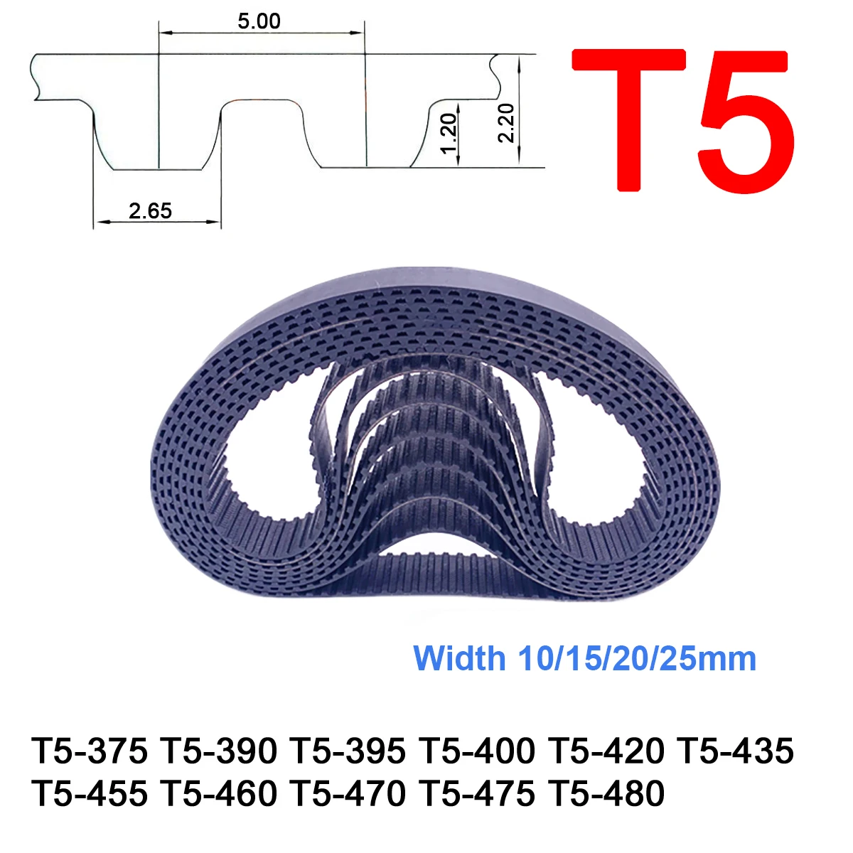 1Pc Width 10 15 20 25mm T5 Rubber Timing Belt Pitch Length 375 390 395 400 420 435 455 460 470 475 480mm Synchronous Belt