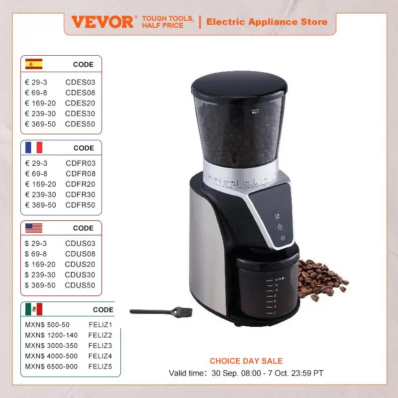 VEVOR Conical Burr Grinder Electric Adjustable Burr Mill with 51 Precise Grind Setting 9.7-Ounce 13 Cups Coffee Bean Grinder