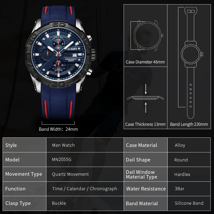 MEGIR Fashion Sport Men Watch Relogio Masculino Silicone Military Watches Clock Waterproof Quartz Wristwatch Chronograph 2055