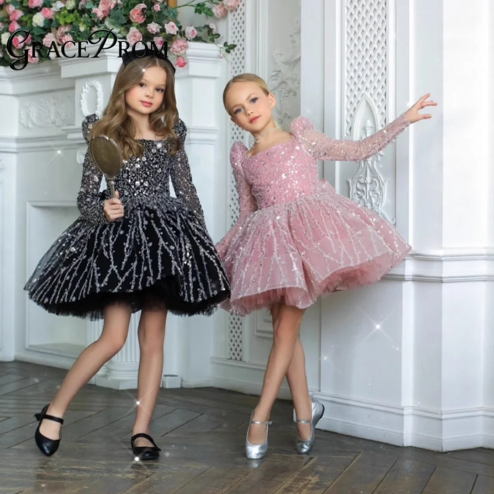 

Elegant Pink Sequin Beaded Long Sleeve Flower Girl Dress Square Neck Puffy Tulle Skirt Kids Princess Wedding Birthday Party Gown