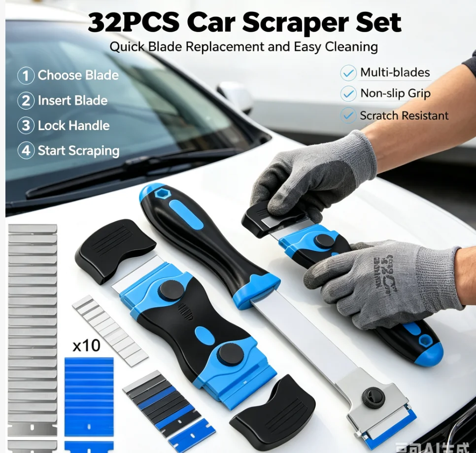 32Glass Scraper Set，Blade Scraper Tool，Ceramic Hob Scraper with Lengthened Plastic Handle