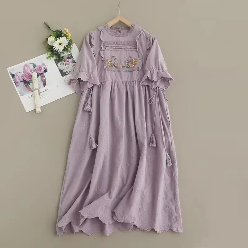 Cotton Embroidered Dress Short Sleeve Solid Color Women Summer Dress Japan Mori Girl  Vestidos