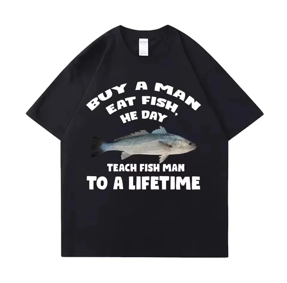 Tees Meme T-Shirt Unisex Mann essen Fisch Tag lehren Fisch Mann lebenslang lustig lässig Baumwolle T-Shirt Männer Frauen – Detail 3