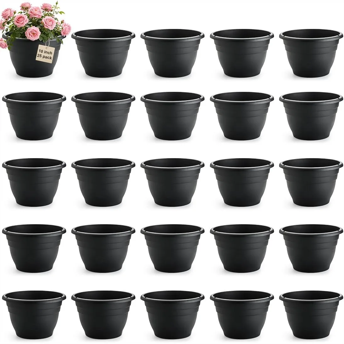 

25 Pack 10 Inch Plant Pots with Drainage Holes, Black Plastic Flower Pots for Indoor Outdoor Plants, Durable Lightweight