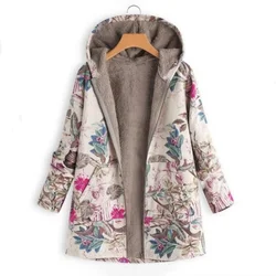 New Women Winter Warm Floral Hooded Jacket Flower Print Hoody Vintage Coats Winter Padded Jacket Women Parkas