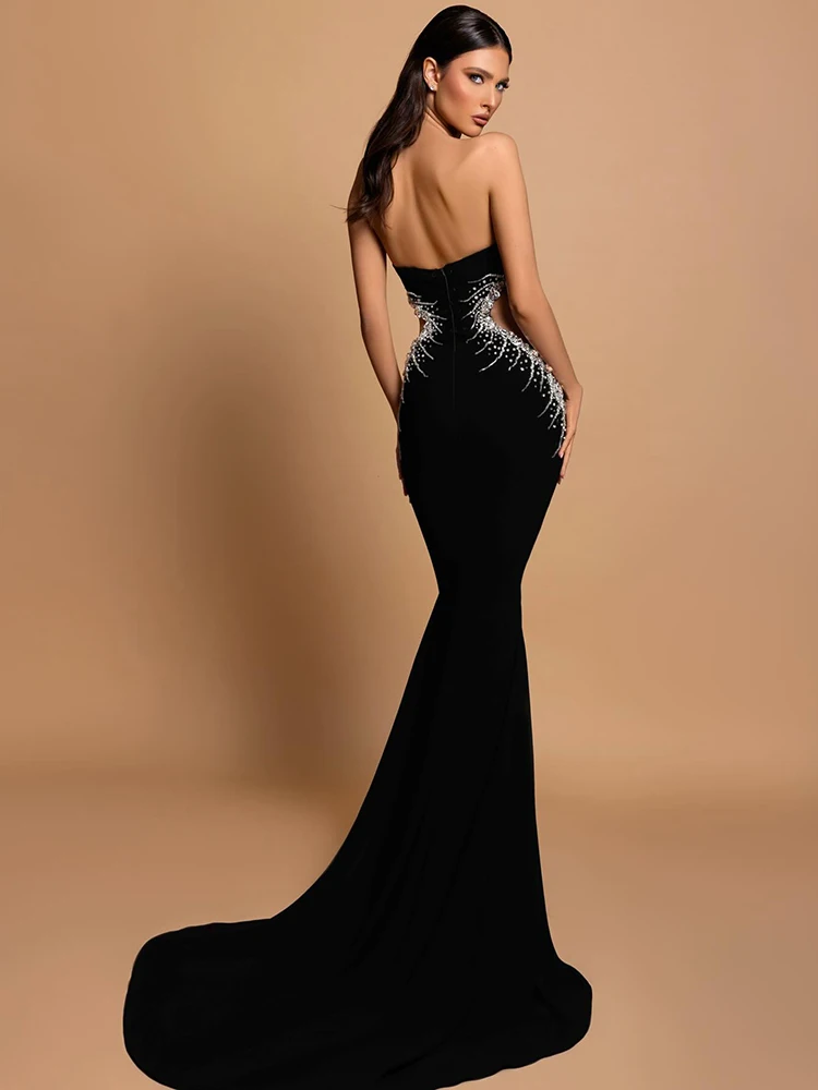 VC Strapless Crystal Black Maxi Long Gown Sparkling Diamond Hollow Tight Elegant Celebrity Party Evening Dress